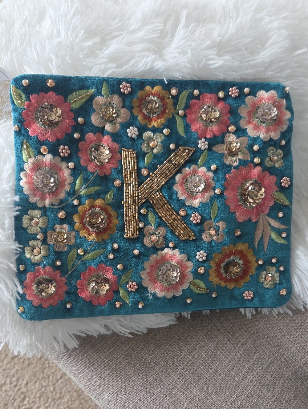 Teal Floral Beaded Fabric Clutch, Bag, with Beautiful  Gold 'K' Monogram, NWT